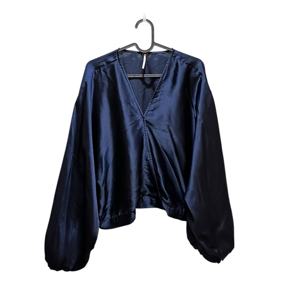Free People Midnight Vibes Blouse in Elegant Navy Blue Satin V Neck - Picture 1 of 5